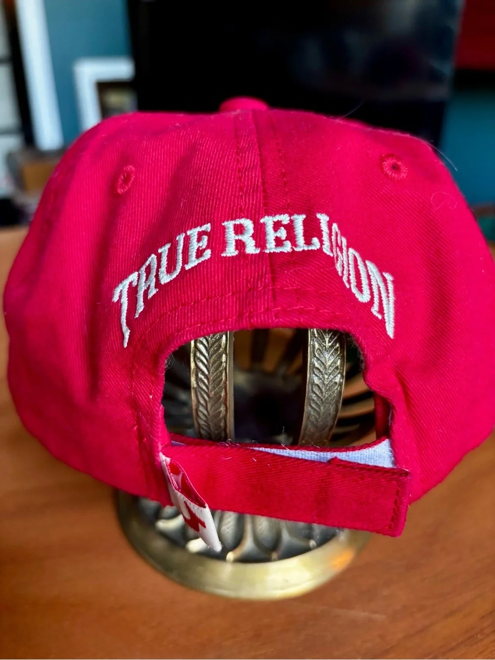 True Religion Red Baseball Cap with White Horseshoe Accent